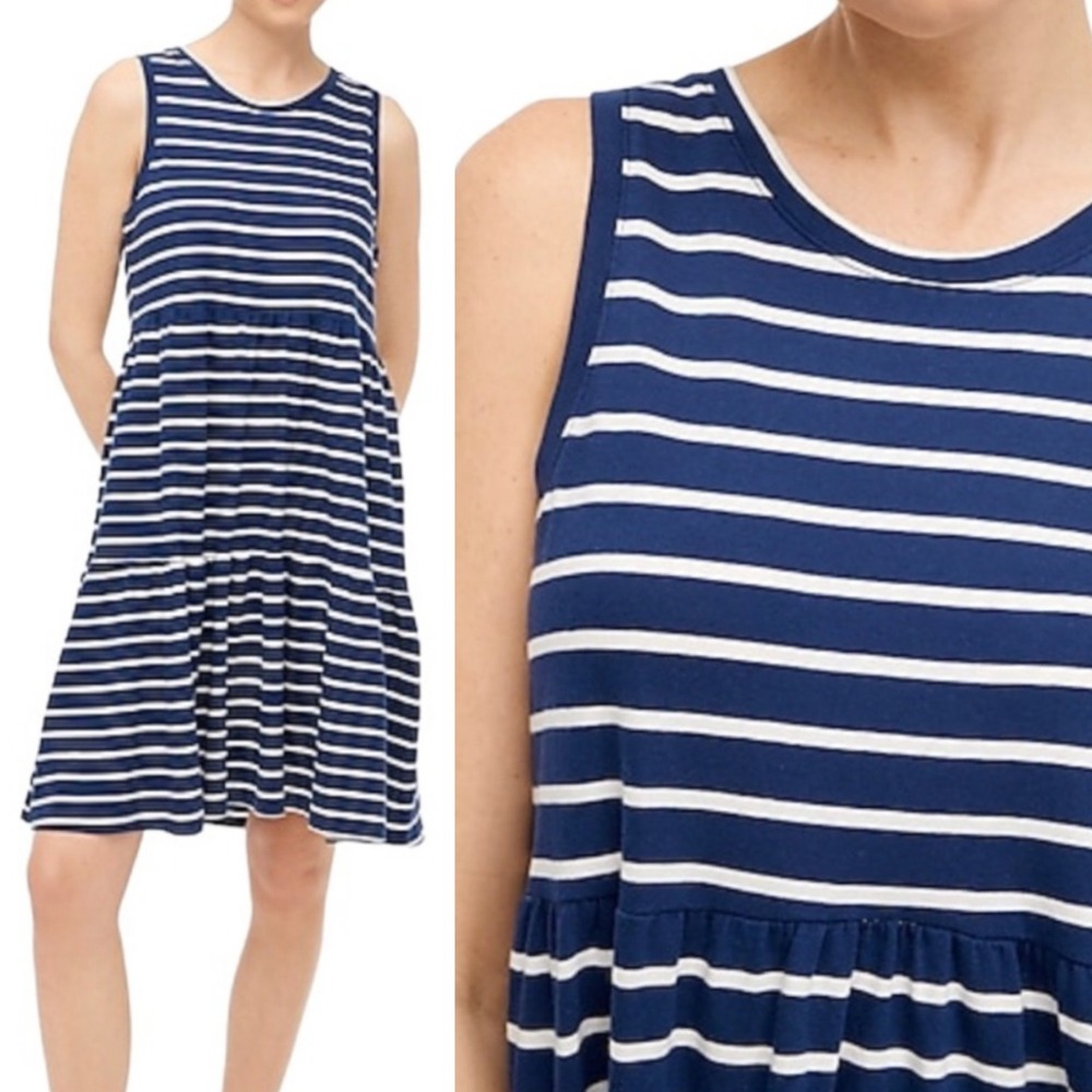 J.Crew Tiered Mini Dress Womens Large Blue White Striped Cotton BI268 Nautical